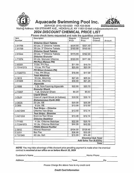 Aquacade Pools Discount Chemical List 2024